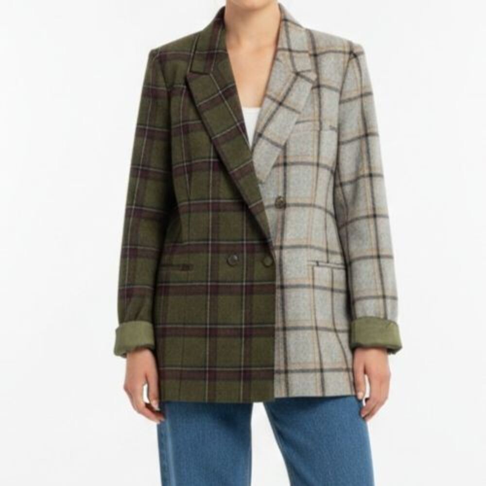 NEW Hutch Meg Oversized Blazer Size XL Gray Green Plaid Colorblock Boxy NWOT